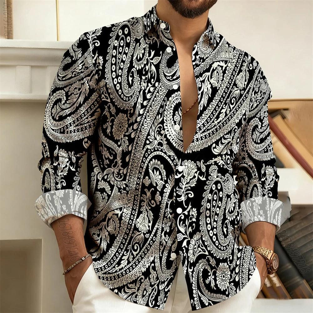 Men's Long-Sleeved Shirt with Paisley Cashew Pattern Print, Vintage, Comfortable, and Stylish Casual Men's Lapel Top