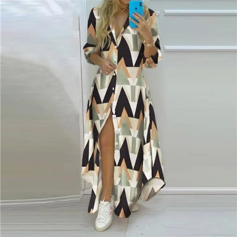Summer Women Boho Printed Long Shirts Elegant Dress Turn-down Collar Long Sleeve Female Casual Split Shirt