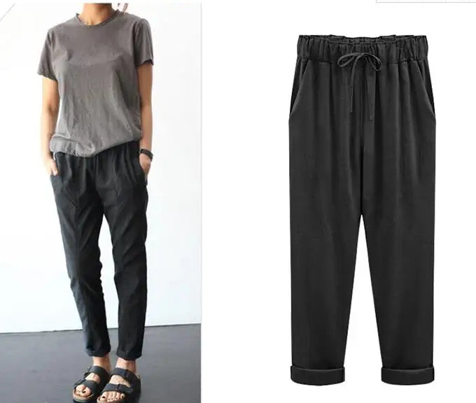 Cotton Linen Pants, Elastic Mid Waist Ankle Length Pant, Casual Women Loose Spring Pants