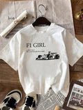 Women's Casual Retro Cool Girl F1 Racing Printed Round Neck Short Sleeved T-Shirt Daily White T-Shirt Graphic T Shirts Vintage