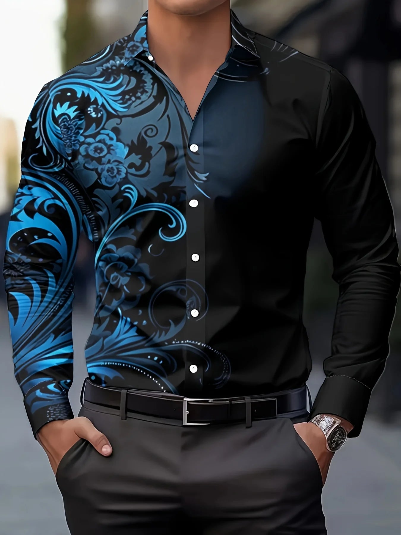 Men'S Stylish Floral Print Dress Shirt - Casual Long Sleeve Button-Up Design Floral Print Shirt