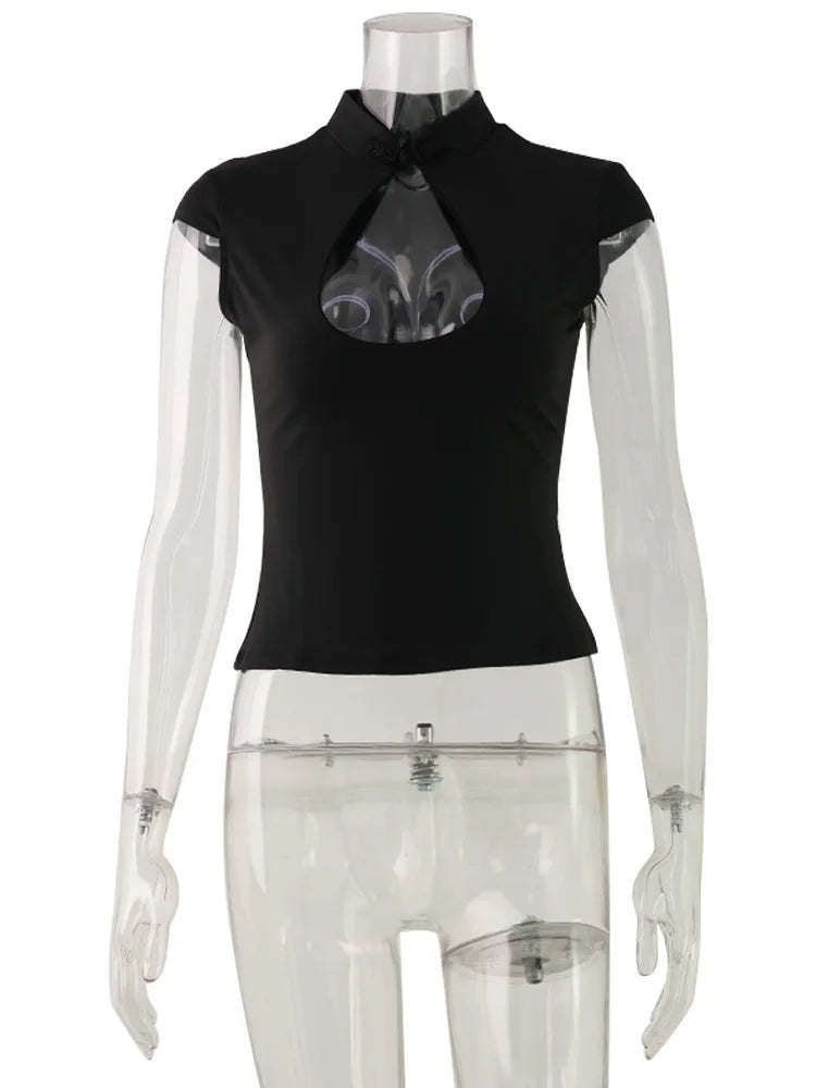 Women's Summer Club T-Shirt Tops Versatile Waist-cinching Chest Hollow Out Short Sleeves