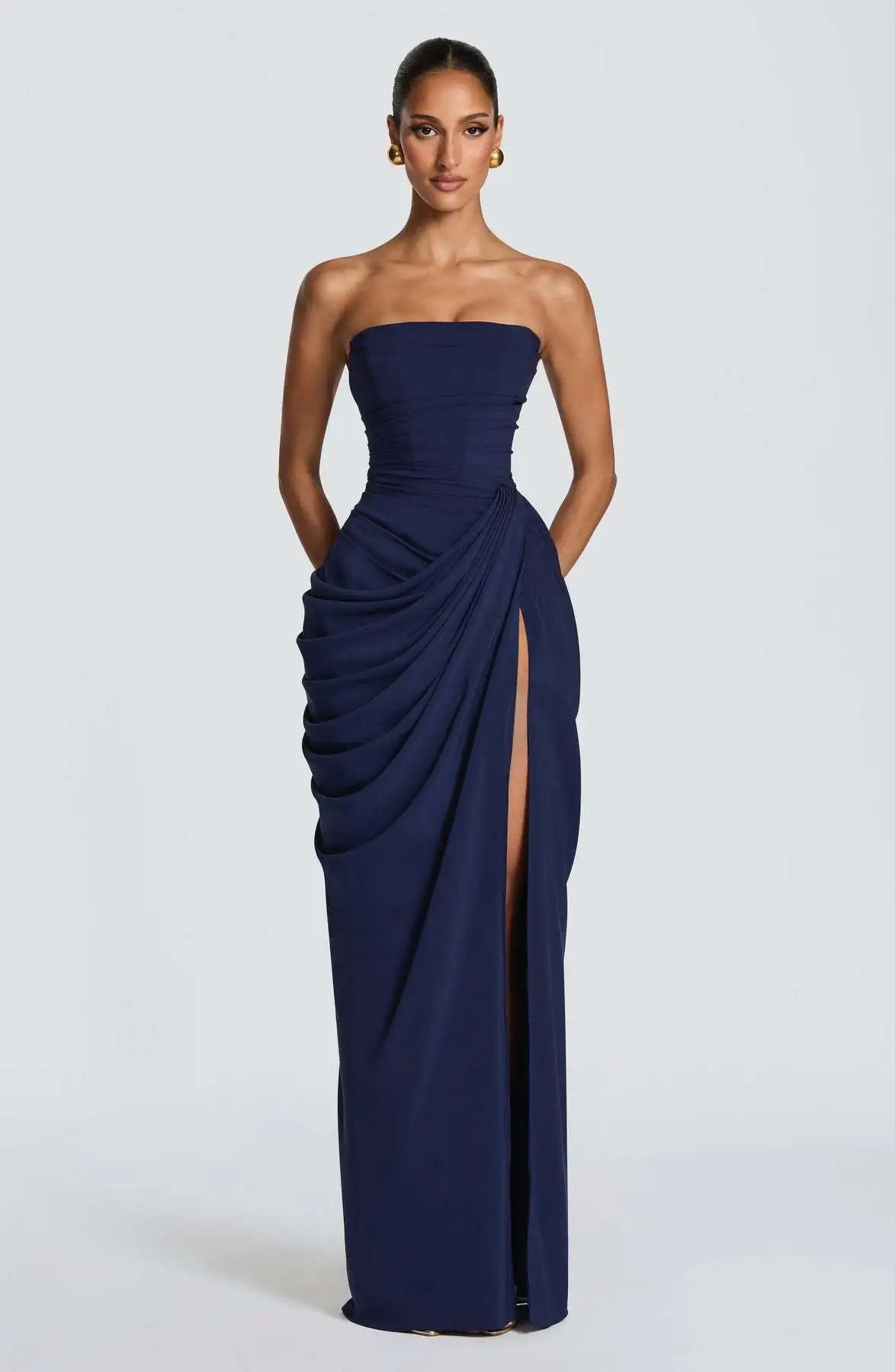 FL Women Sexy Solid Pleated Strapless Dress Lady Chic Off-shoulder Backless High Waist Split Dresses 2026 New Evening Party Gown