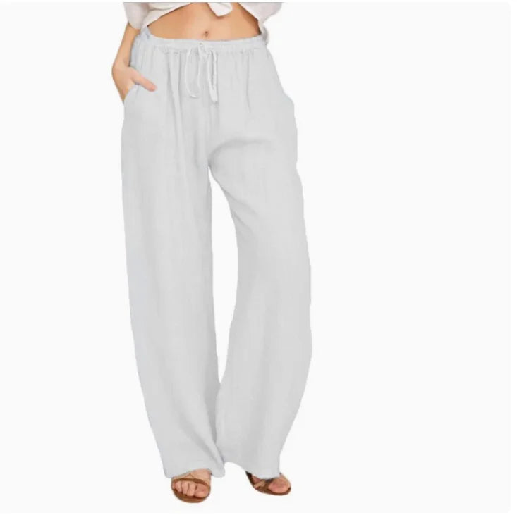 Women Fashion Cotton Linen Pants Elastic Waist Loose Straight Pants Female Casual Solid Color Versatile Trousers