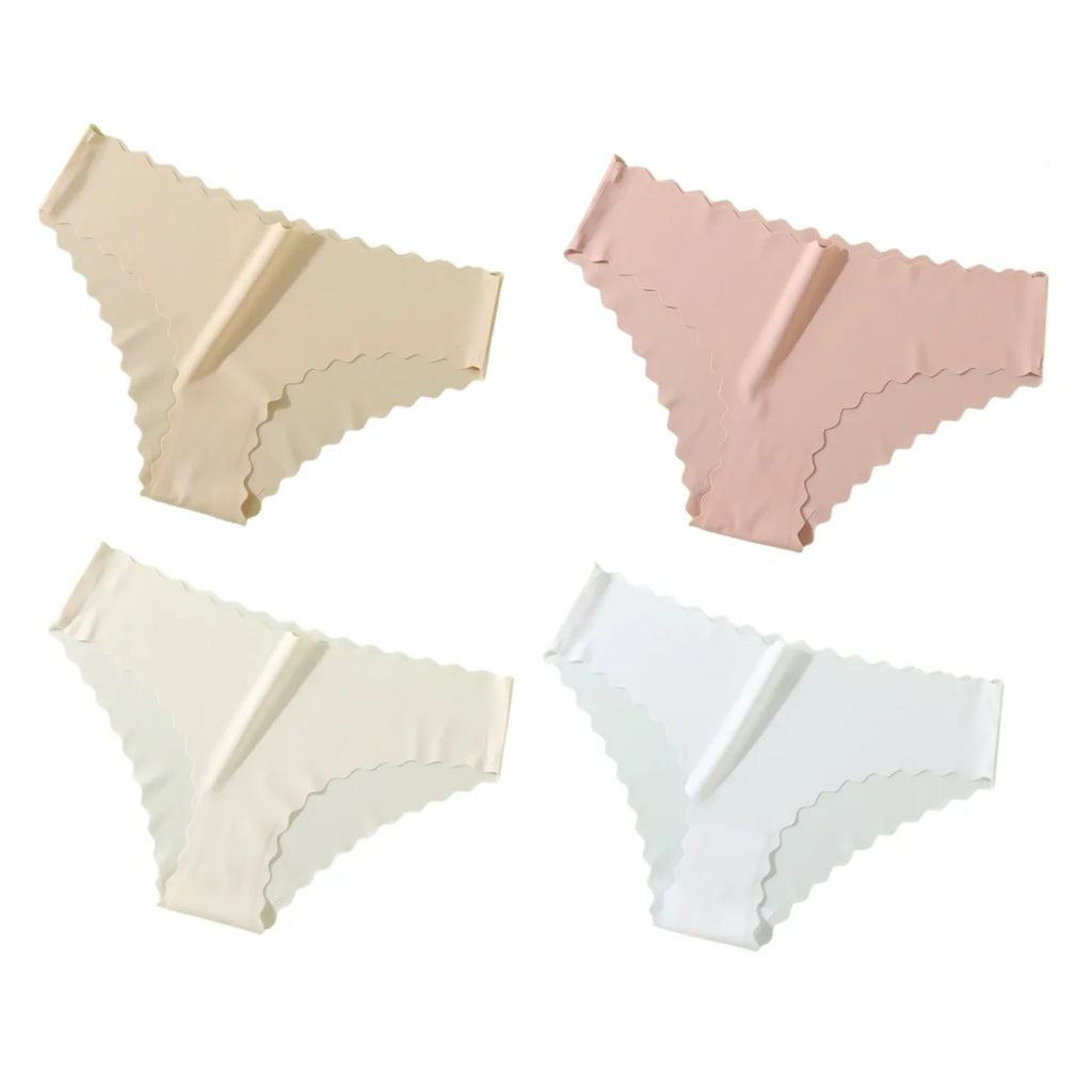 4Pcs/Set Ice Silk Mid-Rise Panties Women's Seamless Briefs Solid No Show Underwear Scalloped Edge Panties Sexy Lingerie