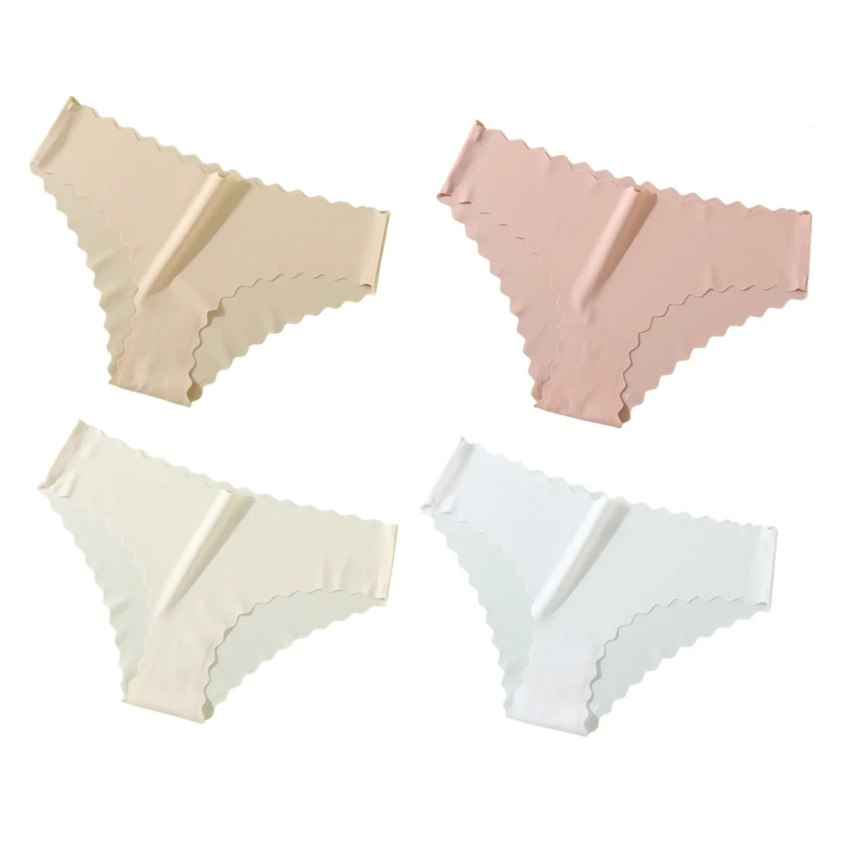 4Pcs/Set Ice Silk Mid-Rise Panties Women's Seamless Briefs Solid No Show Underwear Scalloped Edge Panties Sexy Lingerie