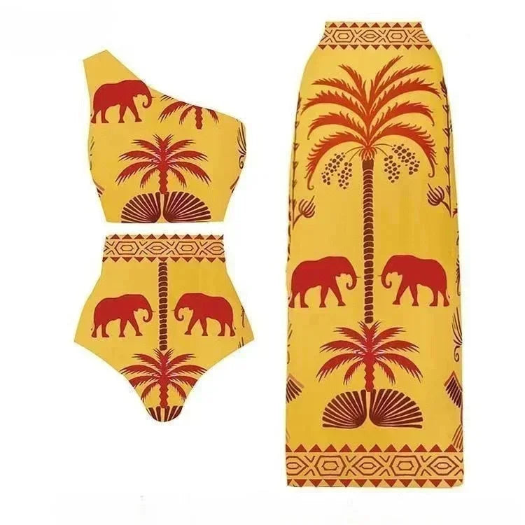 Sexy Bird Print Mesh High Waist Bikini 3 Pieces Sets Women Fashion Hollow Out One Pieces Swimwear 2026 New Beach Sarong Monokini