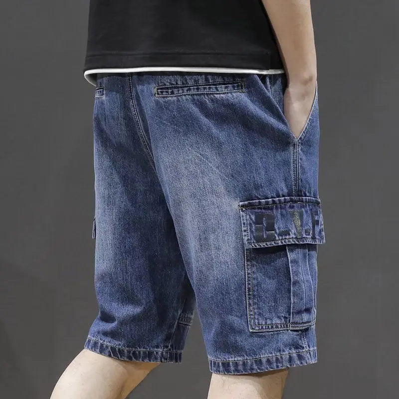 Men's Short Jeans Pants Straight Drawstring with Text Male Denim Shorts Cargo