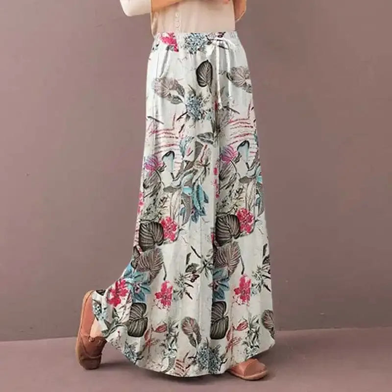 Floral Print Wide Leg Women Pants Spring Drawstring Bohemia Trousers Lady Casual Loose Elastic Waist
