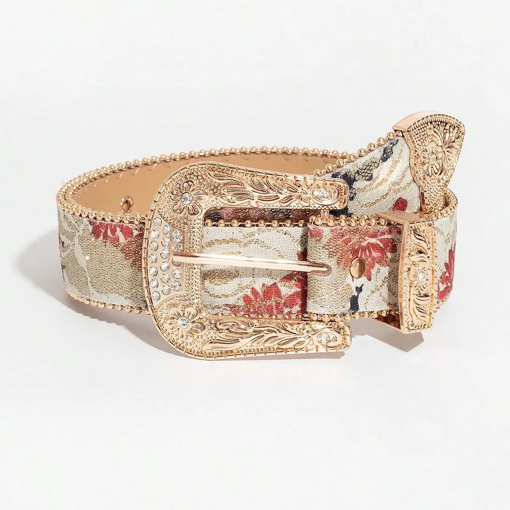 Women's Light Luxury and Elegant Carved Metal Buckle Multi-color Maple Leaf Glitter Print Beaded Edge Belt for Jeans