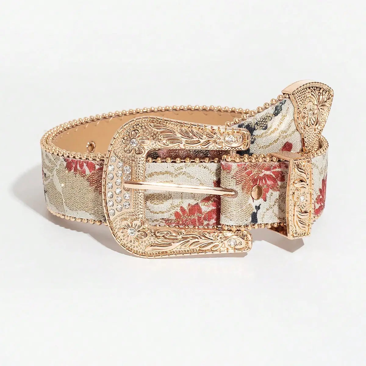Women's Light Luxury and Elegant Carved Metal Buckle Multi-color Maple Leaf Glitter Print Beaded Edge Belt for Jeans