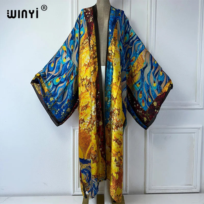 Women Cardigan stitch Cocktail sexy Boho Maxi African Holiday Batwing Sleeve Silk feeling Robe