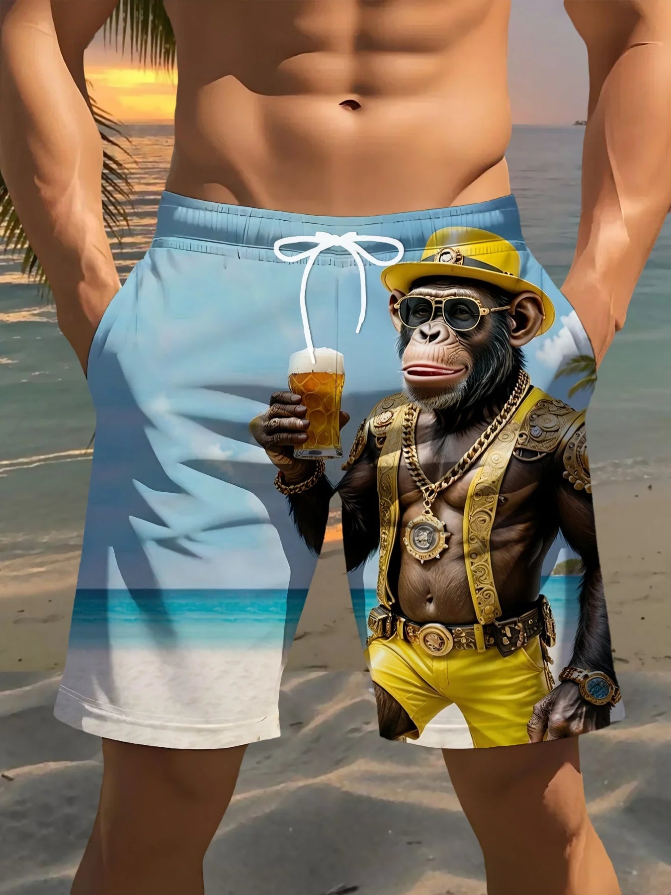 3D Gorilla Print Design Fashion Waterproof Quick-Dry Sports Men Surfing Beach Shorts