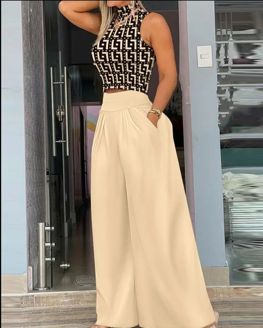 Plus Size Printing Two Piece Set Women Casual Solid Sleeveless Tank Top Wide Leg Pants Two Piece Set 2026 Fashion Clothing