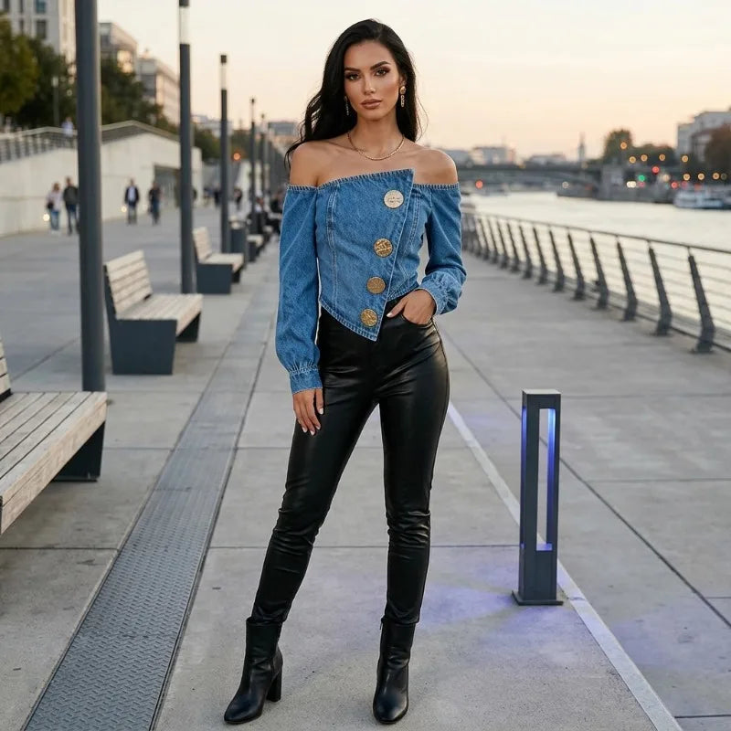 Women's Y2K Off Shoulder Denim Crop Tops Fashion Asymmetrical Hem Gold Button Long Sleeves Party Club Jean Blouses