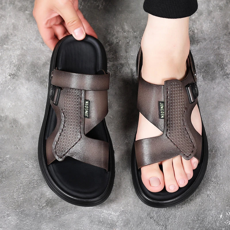 Mens First Layer Sheepskin Summer Sandals Genuine Leather Beach Shoes Casual Slip On Leather Slippers Comfortable Outdoor Male