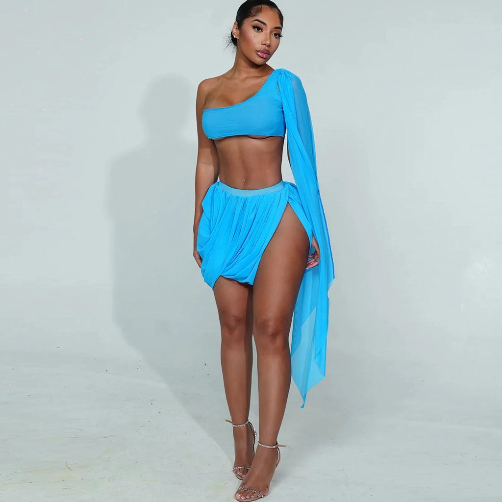 Sexy 2 Piece Set Women See Through Midnight Irregular Full Sleeve Crop Tops+Ruched Split Skirts Matching Clubwear