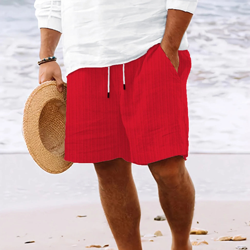 Men's Hawaiian Beach style solid color striped multi-pocket tethered casual lightweight comfortable shorts