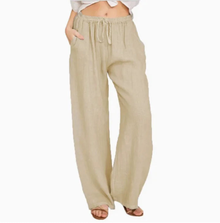 Women Fashion Cotton Linen Pants Elastic Waist Loose Straight Pants Female Casual Solid Color Versatile Trousers