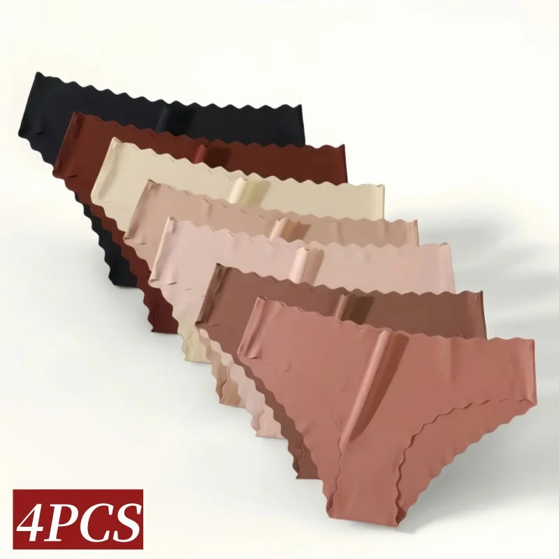 4Pcs/Set Ice Silk Mid-Rise Panties Women's Seamless Briefs Solid No Show Underwear Scalloped Edge Panties Sexy Lingerie