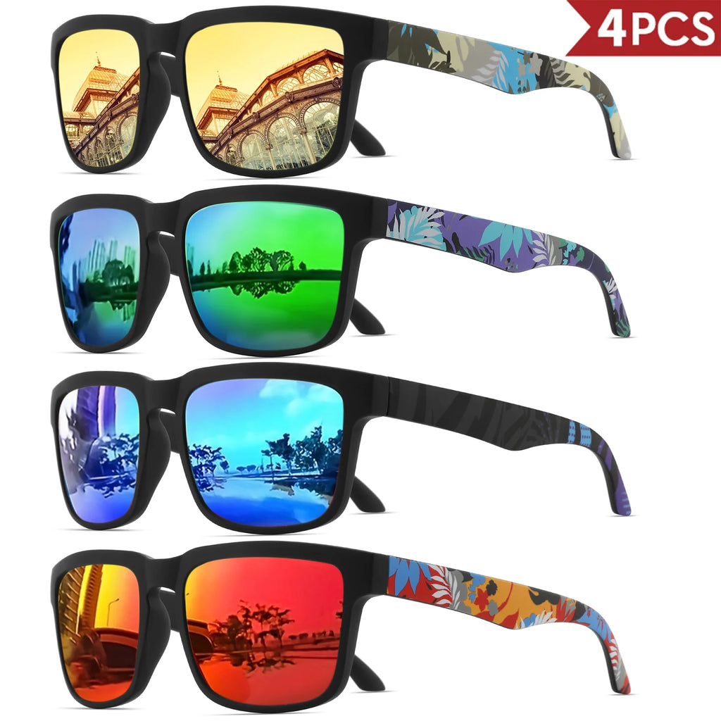 4PCS Square Sports Sunglasses with Designer Temple Pattern - UV400 for Men/Women, Beach Vacation