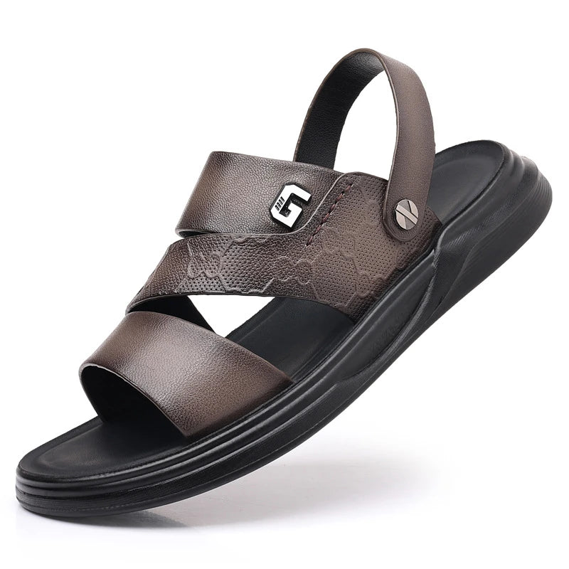 Mens First Layer Sheepskin Summer Sandals Genuine Leather Beach Shoes Casual Slip On Leather Slippers Comfortable Outdoor Male