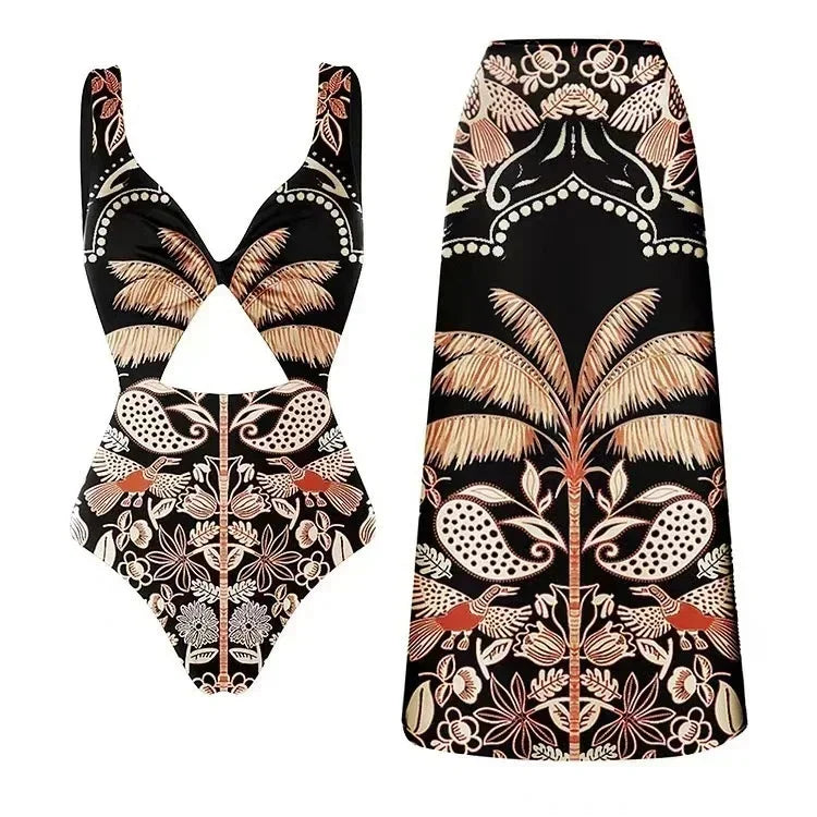Sexy Bird Print Mesh High Waist Bikini 3 Pieces Sets Women Fashion Hollow Out One Pieces Swimwear 2026 New Beach Sarong Monokini