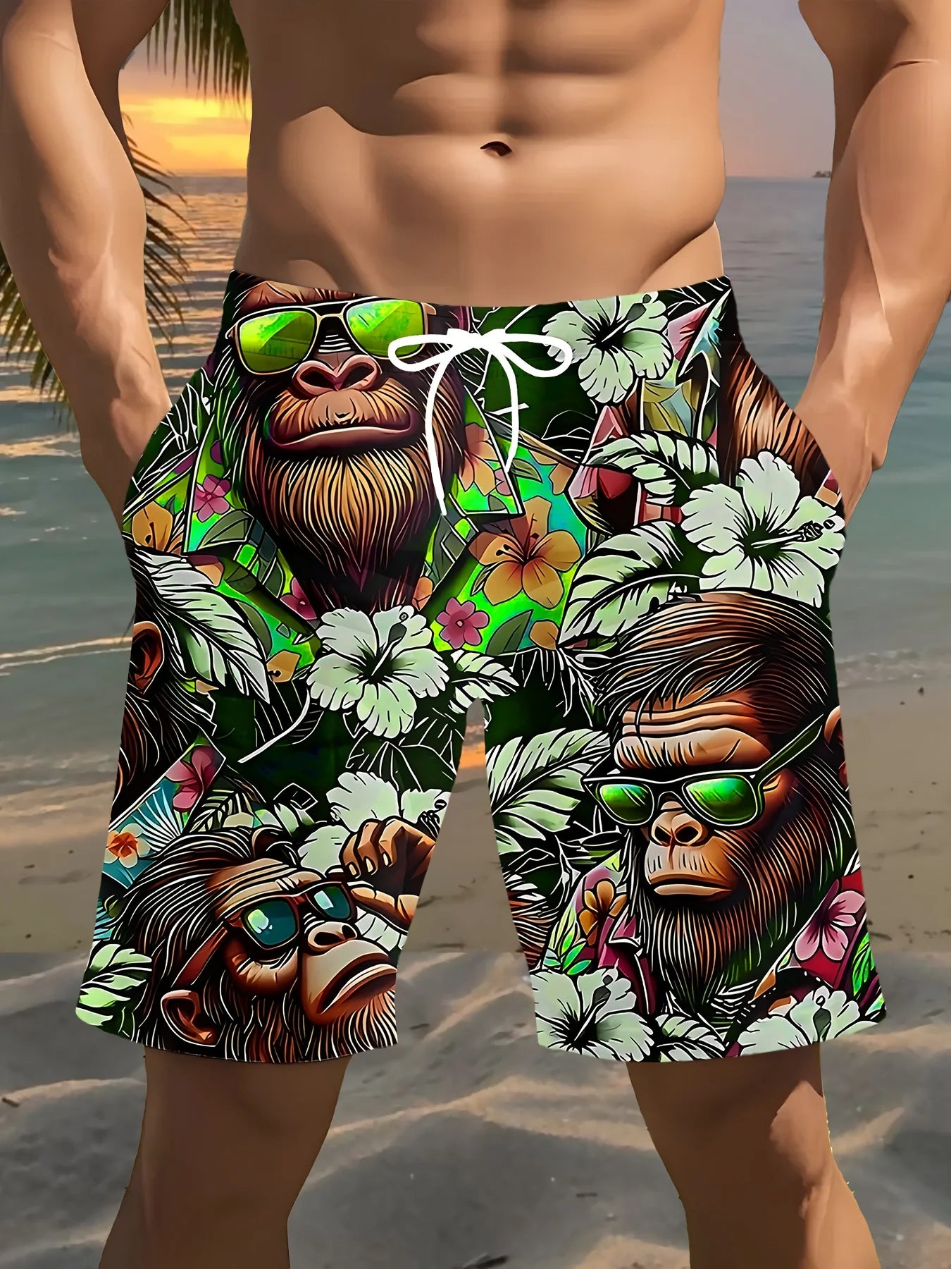3D Gorilla Print Design Fashion Waterproof Quick-Dry Sports Men Surfing Beach Shorts