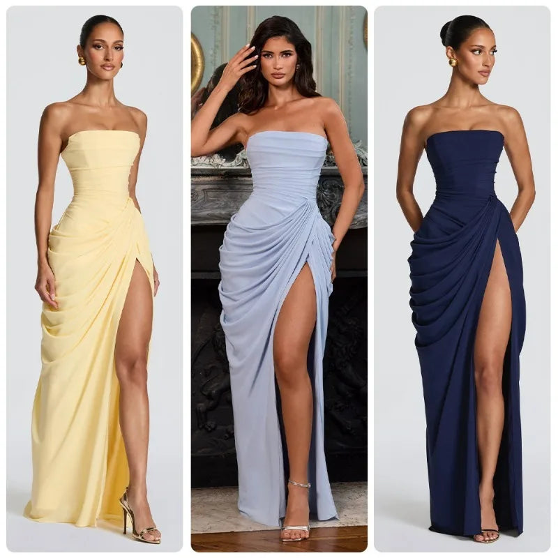 FL Women Sexy Solid Pleated Strapless Dress Lady Chic Off-shoulder Backless High Waist Split Dresses 2026 New Evening Party Gown
