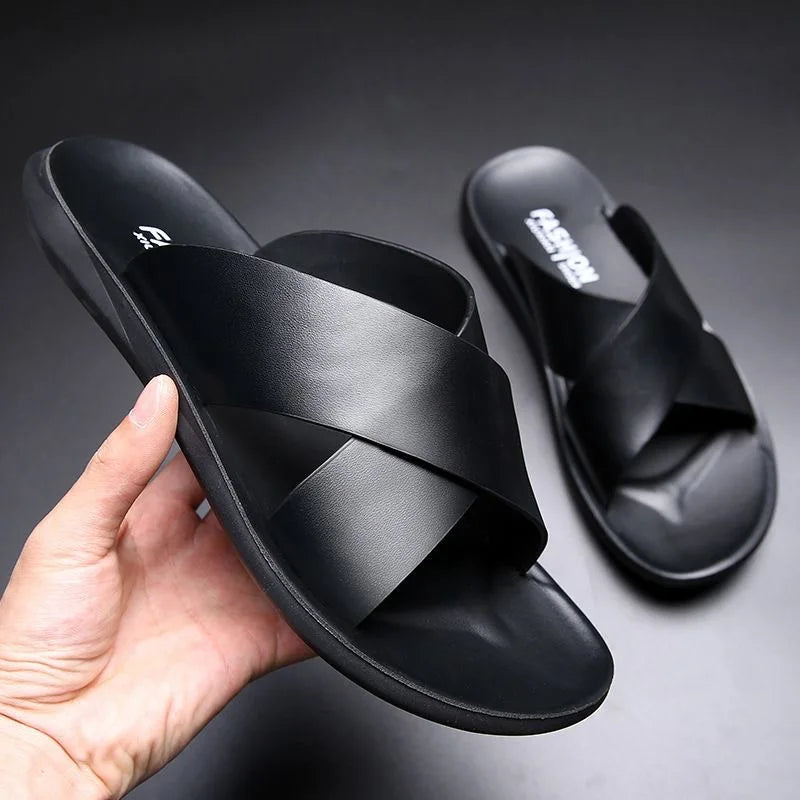 Genuine Leather Sandals for Men Casual Non-Slip Beach Shoes Fashion Soft Soled Flip Flops Men Flat Shoes