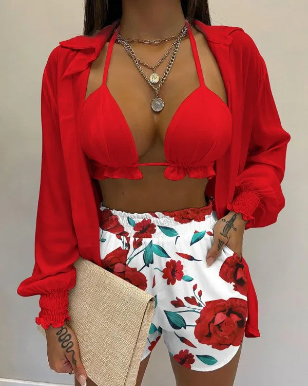 New Bathing Suit Shorts Cover Up Summer Three Pieces Swimwear Sexy Beachwear High Waist Bikini Set Print Women's Swimsuit
