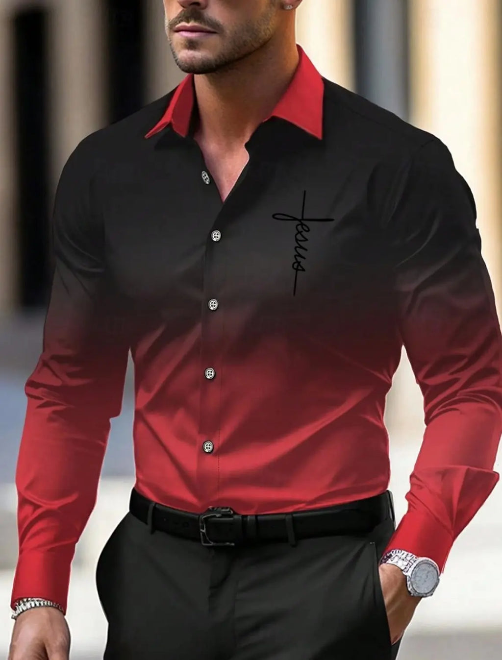 Men's Business Casual Printed Long Sleeve Shirt Formal Button Up Shirt Cuffed Long Sleeve