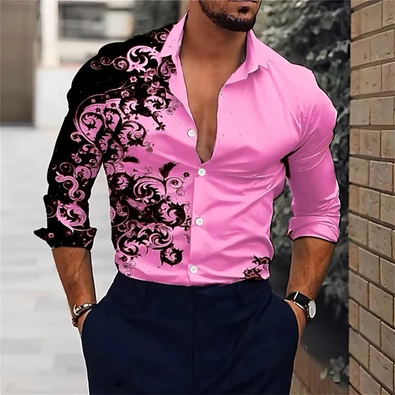 Men'S Stylish Floral Print Dress Shirt - Casual Long Sleeve Button-Up Design Floral Print Shirt