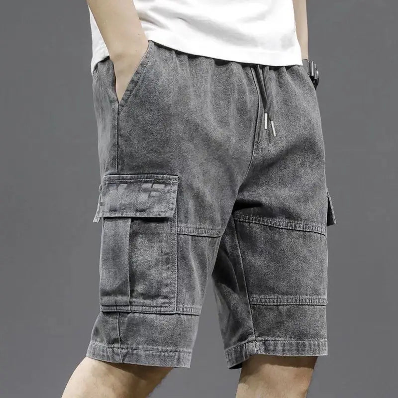 Men's Short Jeans Pants Straight Drawstring with Text Male Denim Shorts Cargo