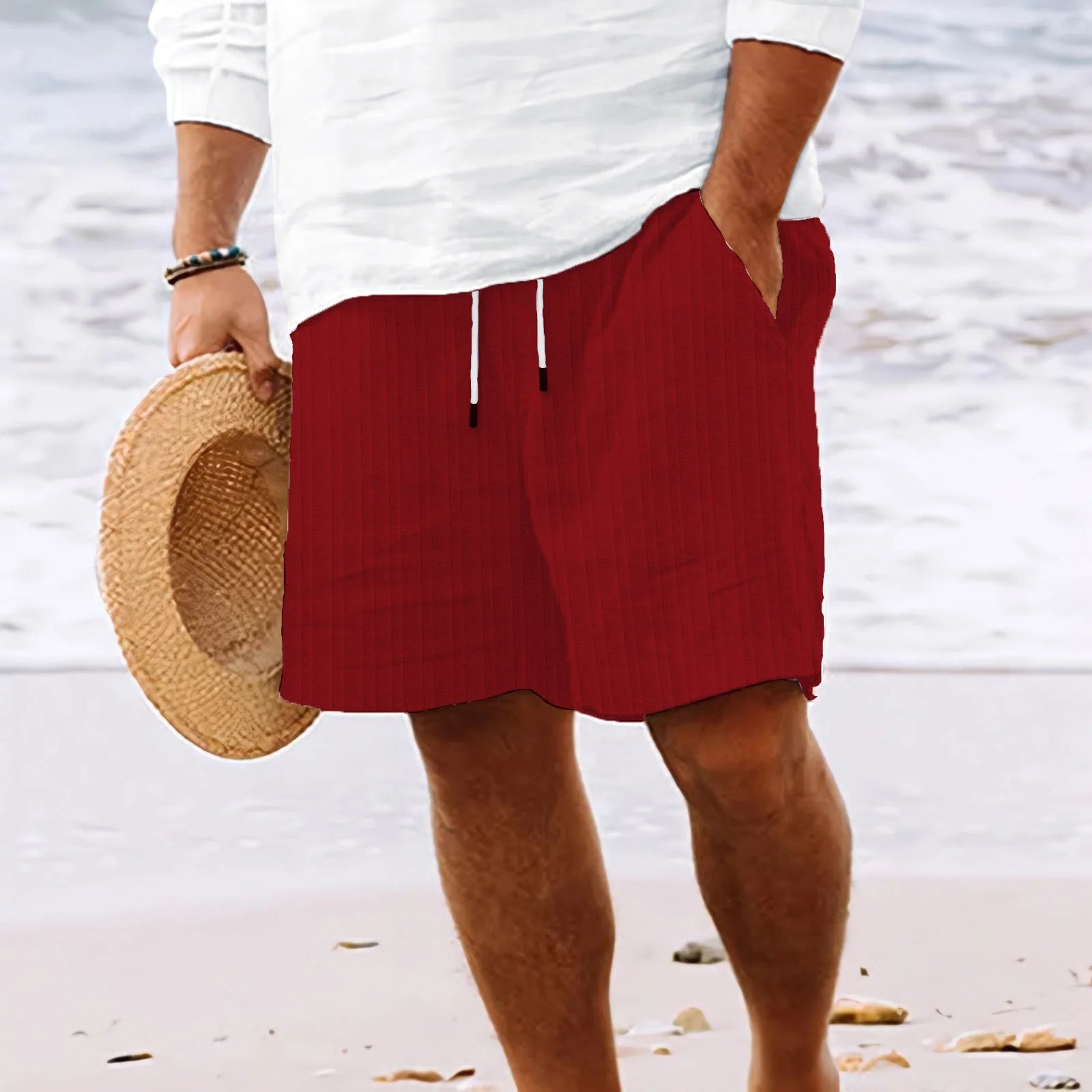 Men's Hawaiian Beach style solid color striped multi-pocket tethered casual lightweight comfortable shorts