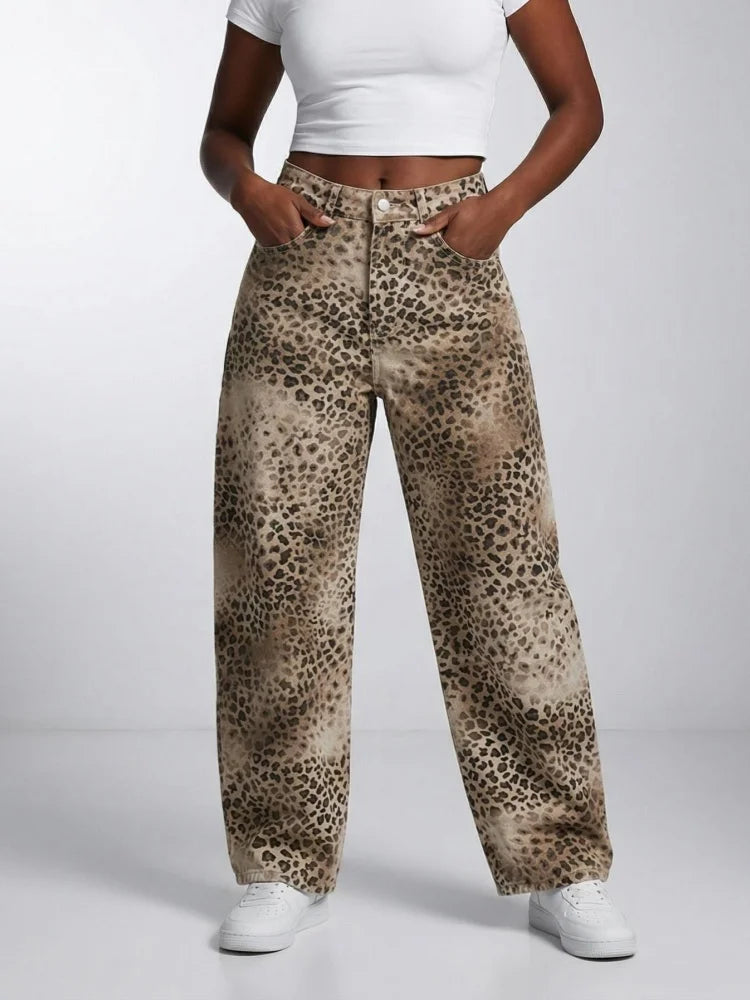 Vintage Leopard Baggy Jeans Pants For Woman Clothing Straight Cotton Long Trousers Ropa De Mujer