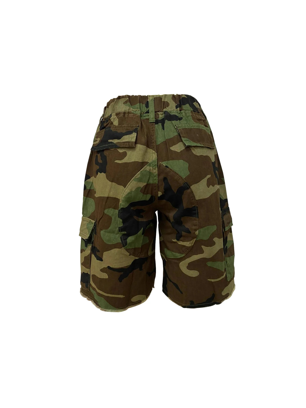 Women's Camouflage Printed Rubber Waist Shorts with Multi Pockets Casual Loose Fit Military Style Polyester Elastane Shorts