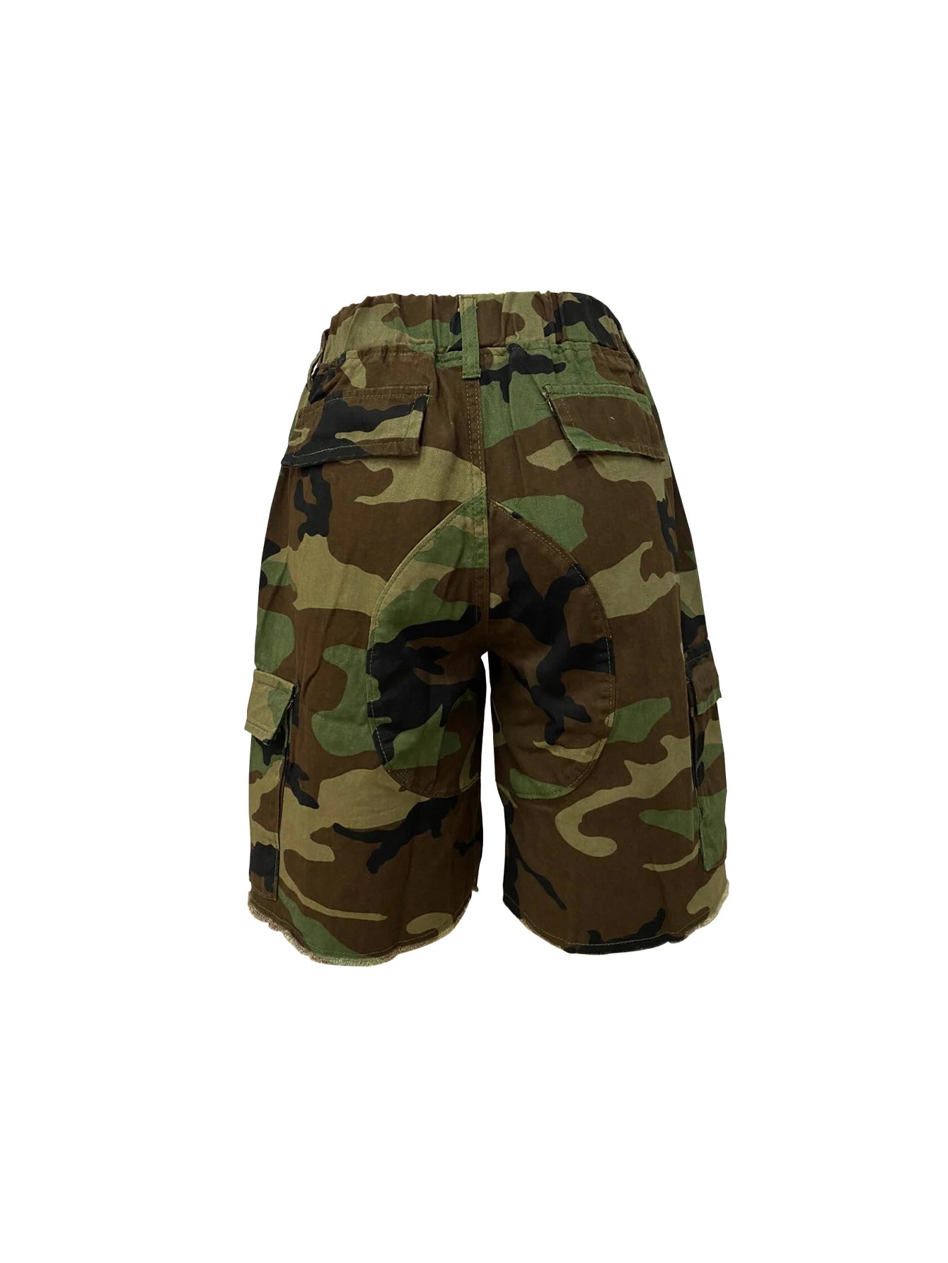 Women's Camouflage Printed Rubber Waist Shorts with Multi Pockets Casual Loose Fit Military Style Polyester Elastane Shorts