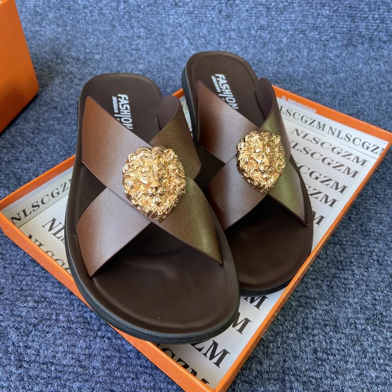 Leather slides for man black brown fashion shoes for mens slippers business beach slippers