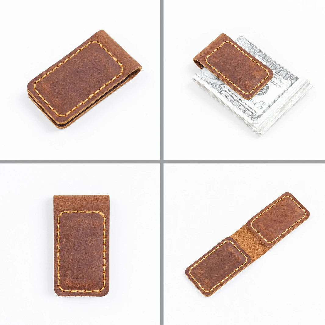 Genuine Leather Money Clips Mini Wallets for Men Slim Front Pocket Magnetic Banknote Clip Minimalist Retro Men's Small Purses