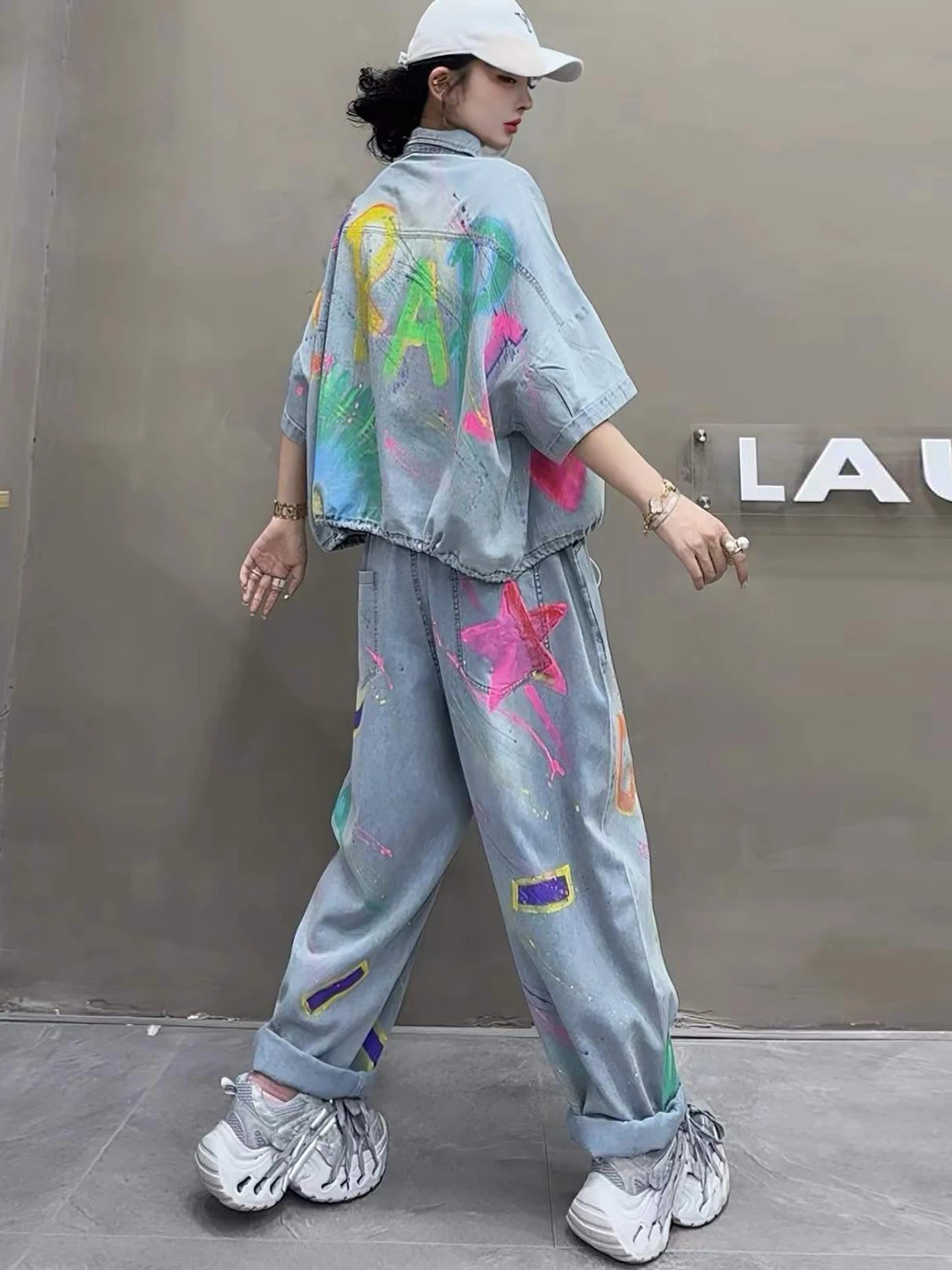Personalized Hand-painted Denim Outfit Women 2026 Summer Short-sleeve Coat + Loose Long Pants Two-piece Set