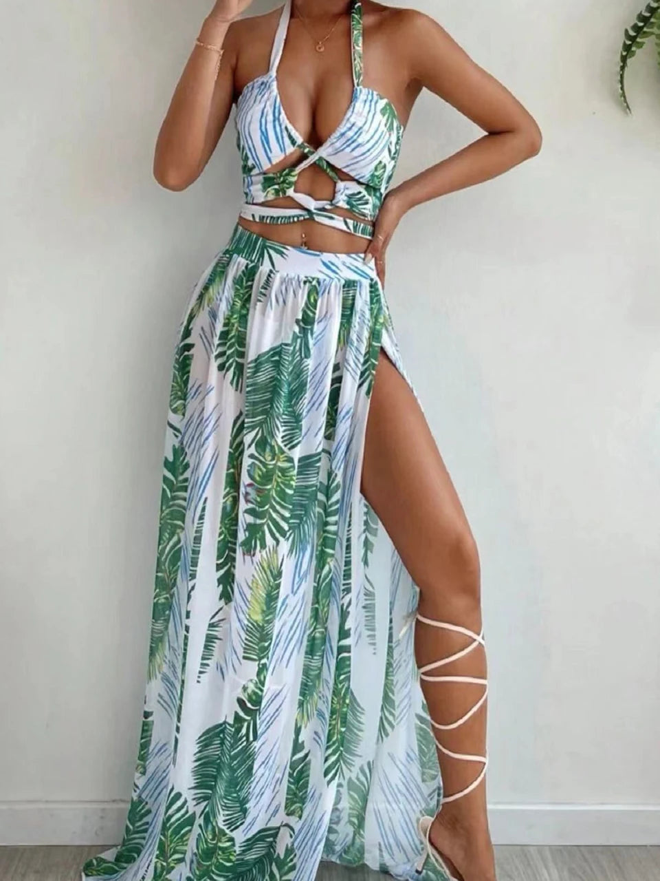 3 Pieces Tie Dye Cross Bikini, Women Sexy Halter Swimsuit & Cover Up Pants Swimwear Bathers Bathing Swimming Suit Beachwear