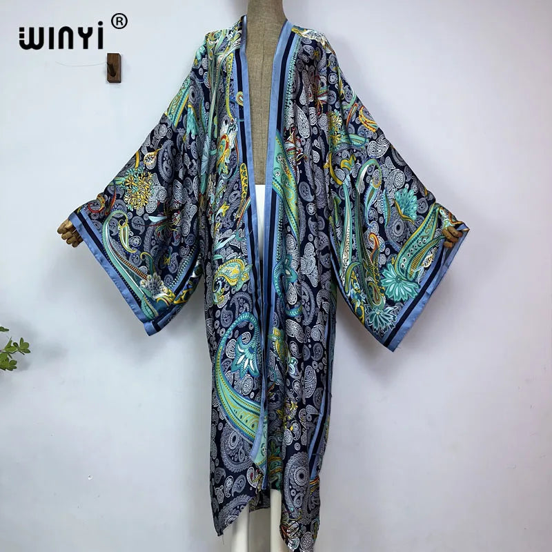 Women Cardigan stitch Cocktail sexy Boho Maxi African Holiday Batwing Sleeve Silk feeling Robe