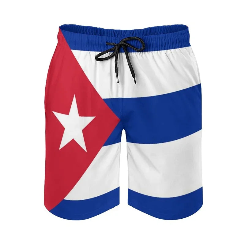 Men Cuba Pattern Beach Shorts Drawstring Quick Dry Street Loose Swimwear Surf Board Shorts