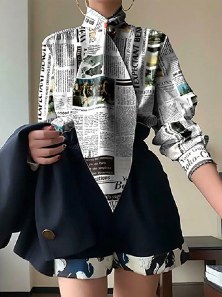 Yeezzi Women's Fashion Letter Printed Tie Design Blouses 2026 Spring Summer Long Sleeve Stand Collar Casual Office Shirts Tops