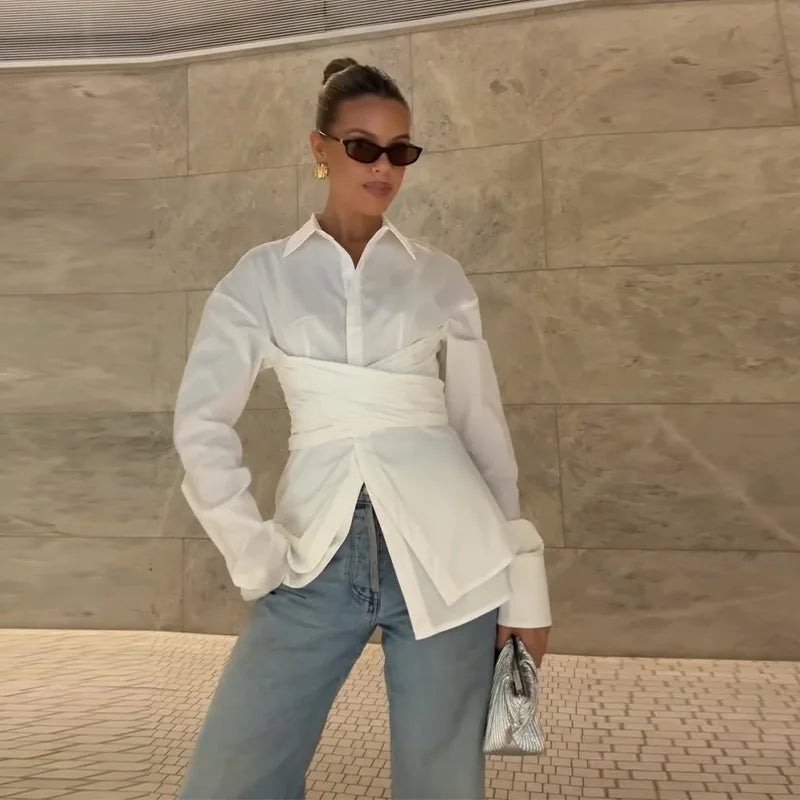 White Shirts Women Long Sleeve Lapel Blouse