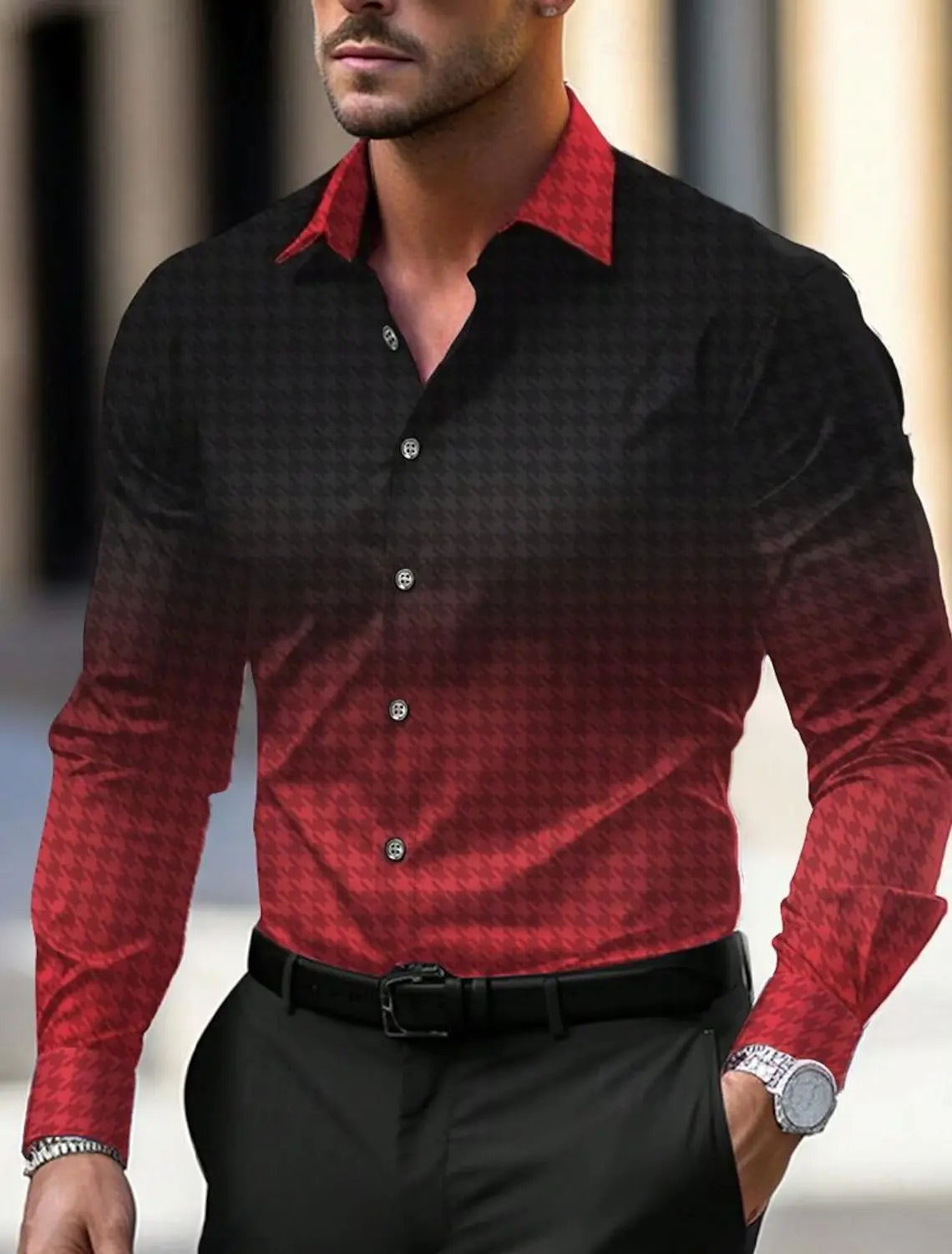 Men's Business Casual Printed Long Sleeve Shirt Formal Button Up Shirt Cuffed Long Sleeve