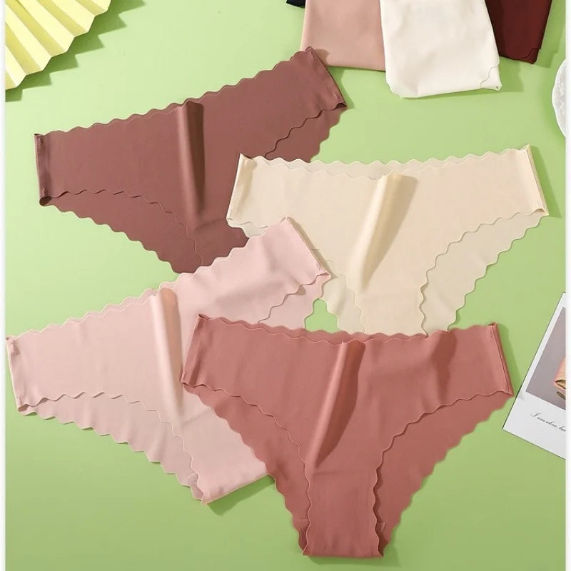 4Pcs/Set Ice Silk Mid-Rise Panties Women's Seamless Briefs Solid No Show Underwear Scalloped Edge Panties Sexy Lingerie