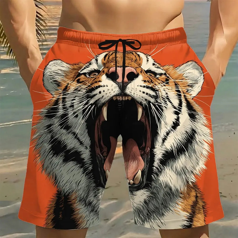 Men's Lion & Tiger Animal Print Beach Shorts, Mid Waist Drawstring Casual Shorts with Side Pockets, Vacation Outfits for Summer