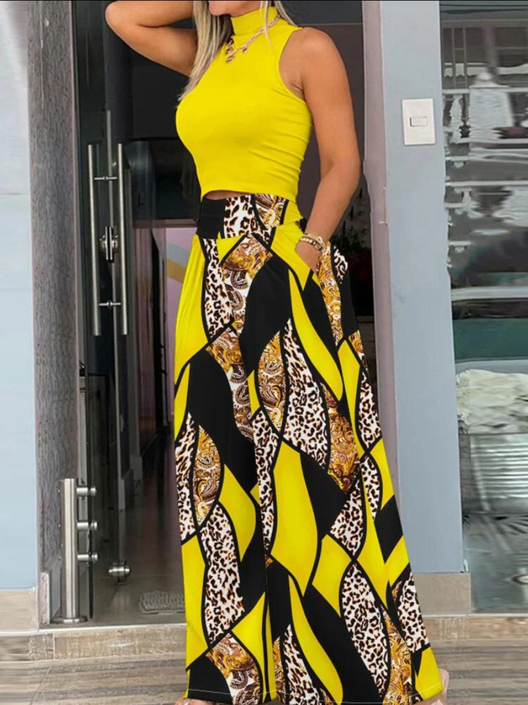 Plus Size Printing Two Piece Set Women Casual Solid Sleeveless Tank Top Wide Leg Pants Two Piece Set 2026 Fashion Clothing